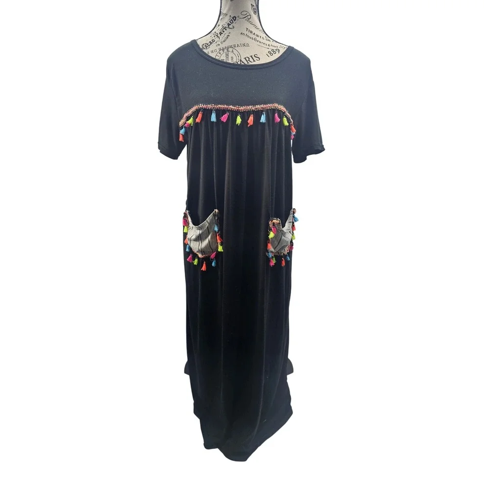 Hassan Nour Black Maxi‎ Dress Tassel Pockets Boho Bohemian Casual